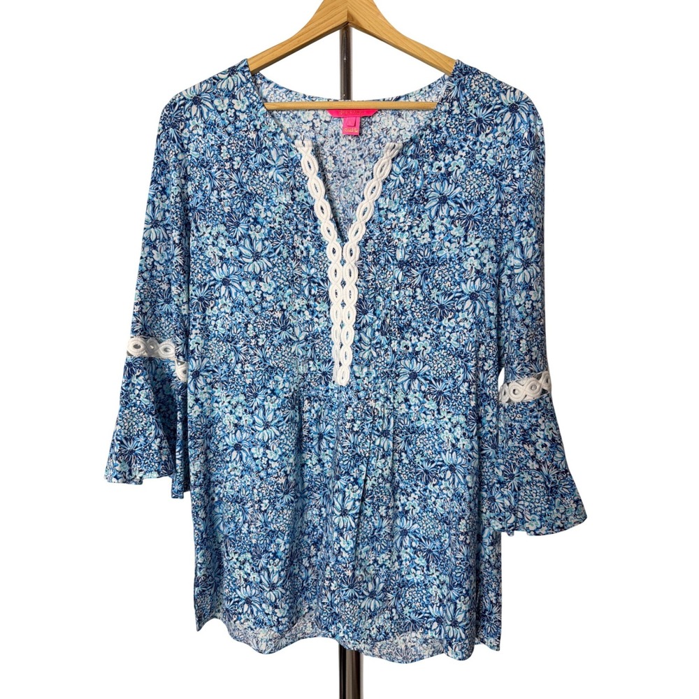 Lilly Pulitzer Blue Floral Crochet Lace Trim Bell Sleeve Tunic Top